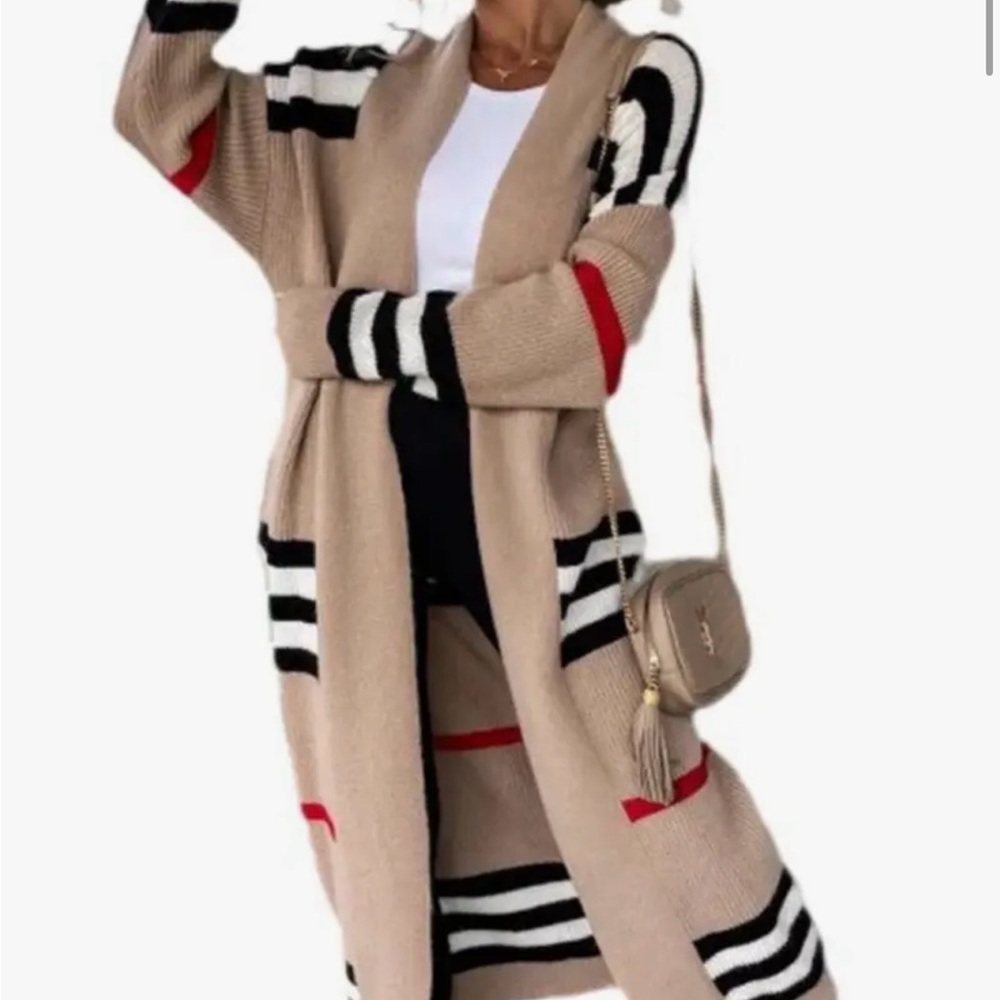 ✨ New Cozy Longline Striped Knit Cardigan – Neutral Beige w/ Bold Accents ✨